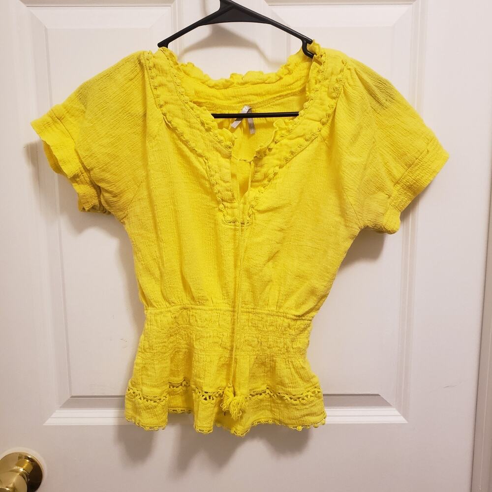 Max Cotton Vintage-Style Yellow Textured Ruffle Blouse #A41PJ